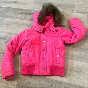 Gap Kids Puffer Jacket Size Medium Hot Pink Faux Fur-Trimmed Hood